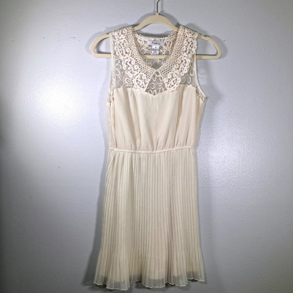 Pinky Women M Cream Crochet Lace Yoke Pleated Chiffon Mini Dress Cream Ivory